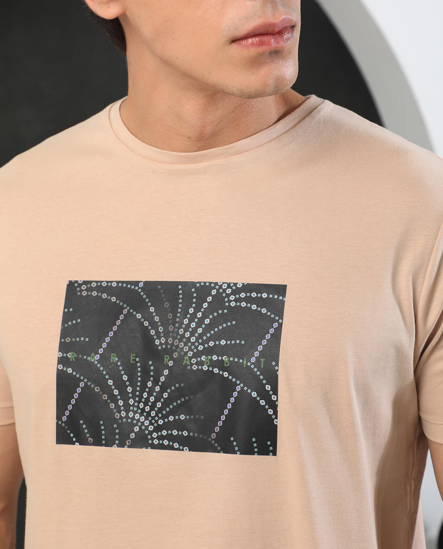 Rare Rabbit Men's Glam Beige Cotton Graphic Print Slim Fit Half Sleeve Crew Neck T-Shirt