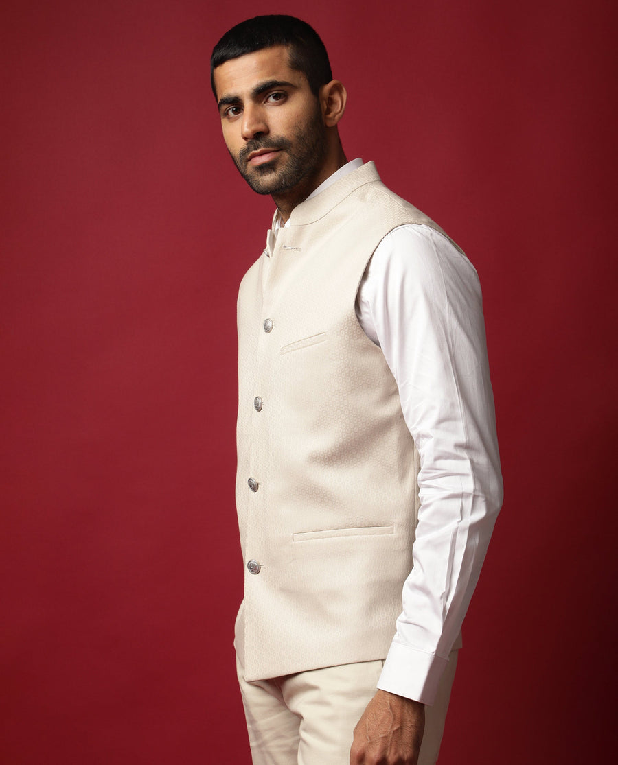 Rare Rabbit Men's Oakla Beige Polyester Jacquard Tailored Fit Sleeveless Mandarin Collar Bandhgala