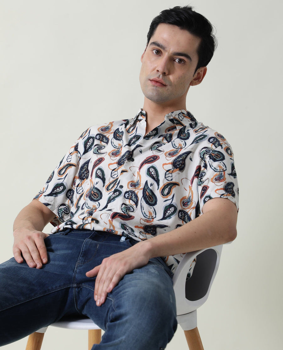 Rare Rabbit Men's Ivys Ss Beige Viscose Printed Regular Fit Half Sleeve Collared Shirt