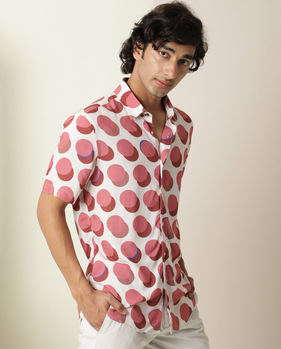 Rare Rabbit Men's Sandet Off White Viscose Polka Print Regular Fit Half Sleeve Collared Shirt