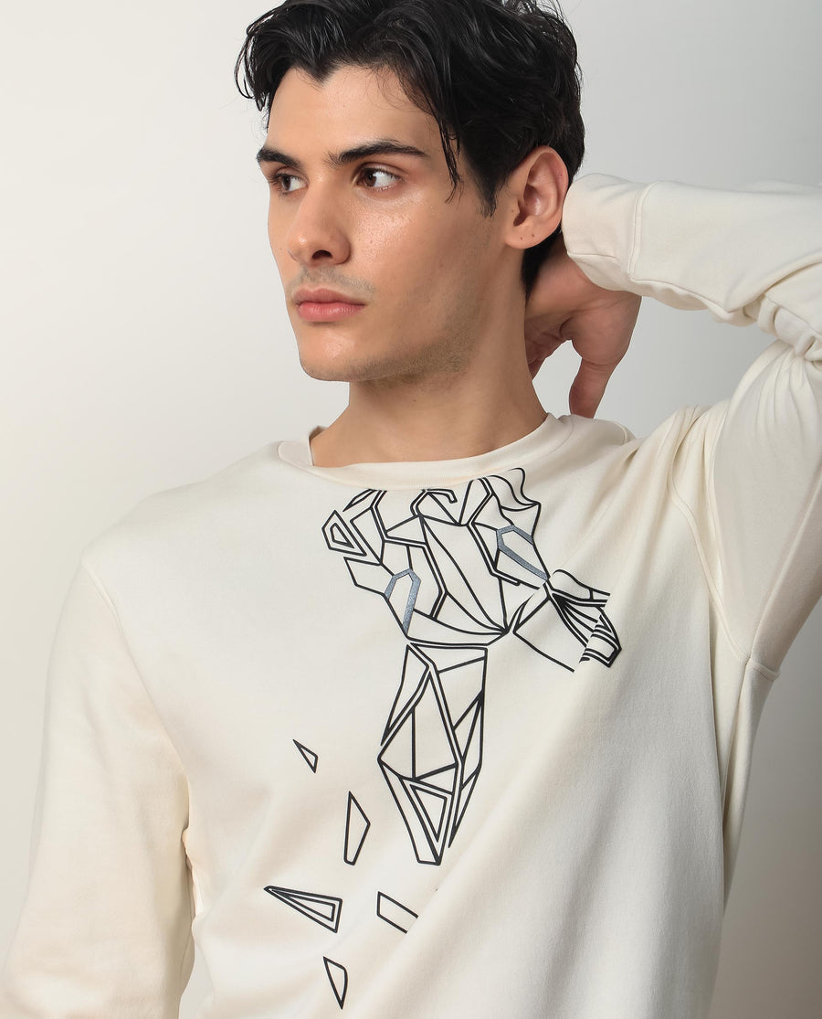 Rare Rabbit Men's Oakk White Graphic Print Regular Fit Full Sleeve Crew Neck Sweatshirt