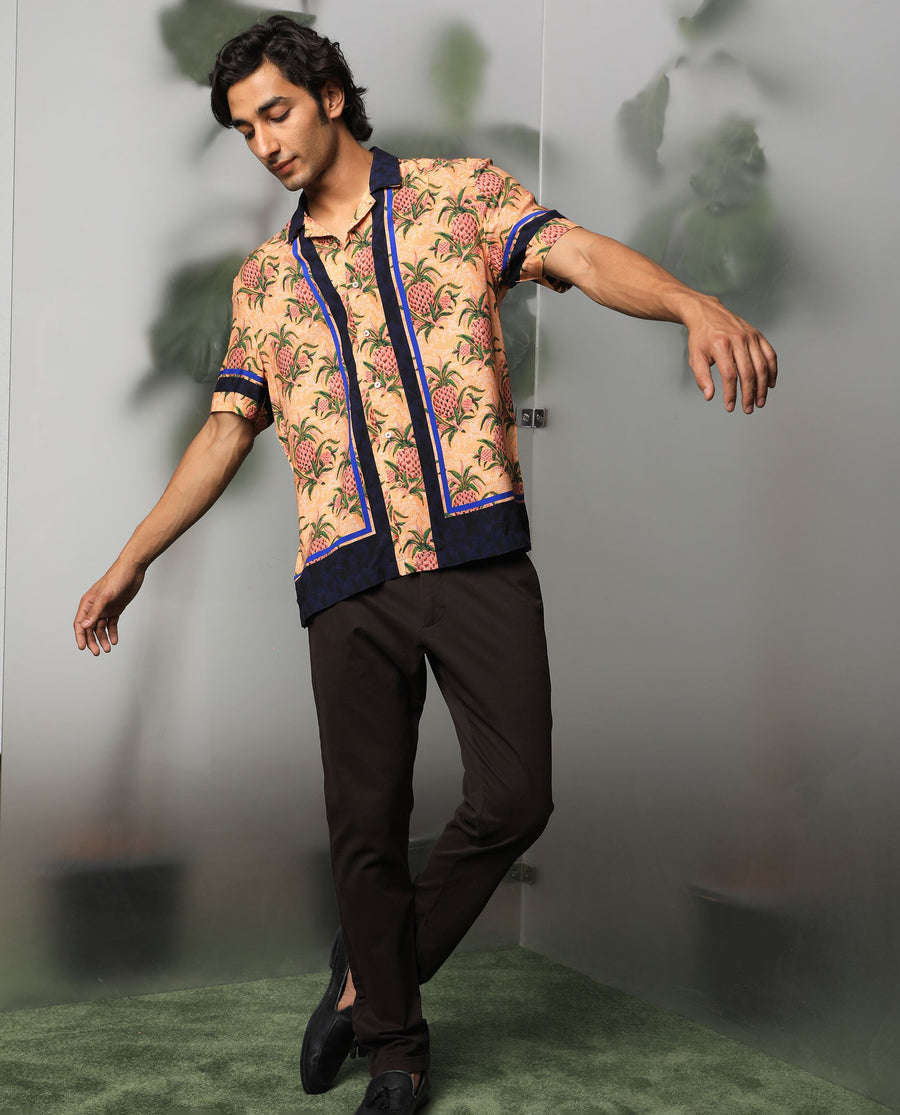 Rare Rabbit Men's Banes Beige Viscose Floral Print Regular Fit Half Sleeve Cuban Collar Shirt