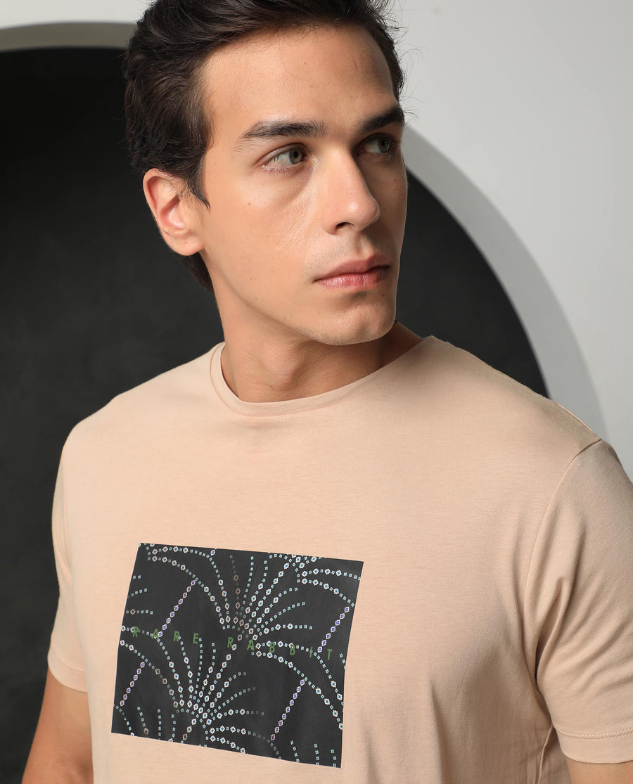 Rare Rabbit Men's Glam Beige Cotton Graphic Print Slim Fit Half Sleeve Crew Neck T-Shirt