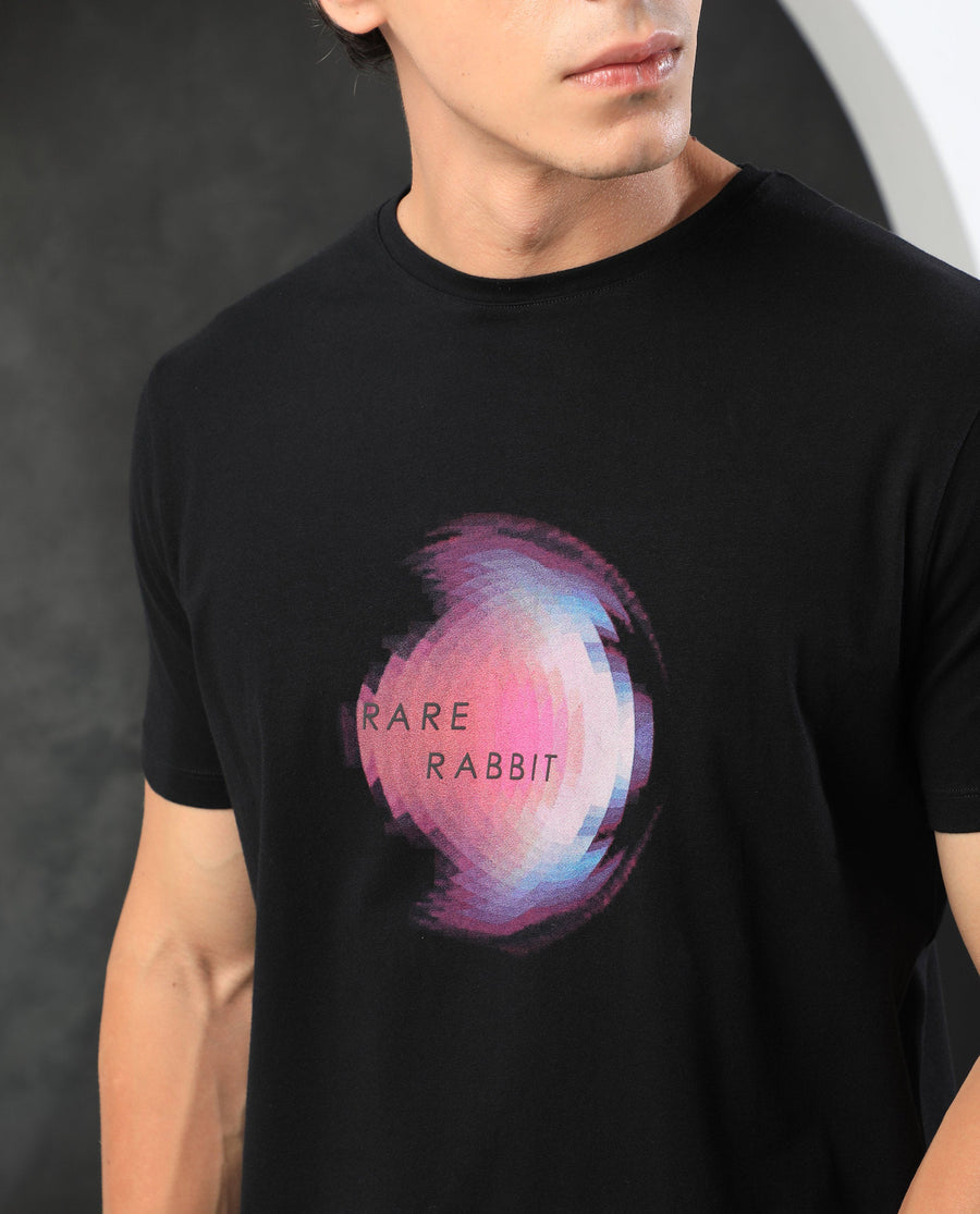 Rare Rabbit Men's Knobel Black Cotton Graphic Print Slim Fit Half Sleeve Crew Neck T-Shirt