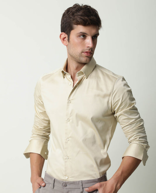 Rare Rabbit Men's Como Beige Satin Plain Regular Fit Full Sleeve Collared Shirt
