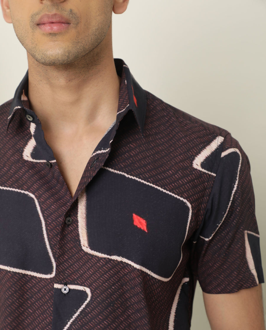 Rare Rabbit Men's Nistic Brown Viscose Geometric Print Regular Fit Half Sleeve Collared Shirt