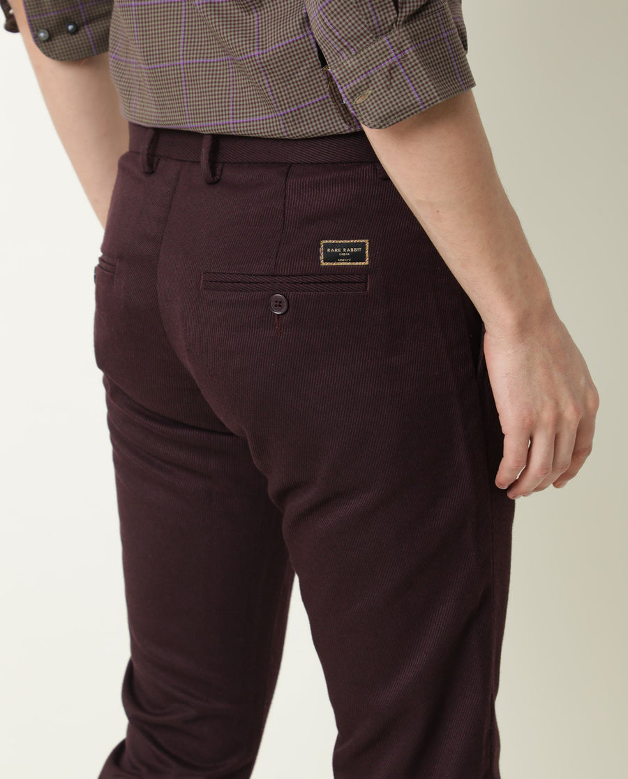 Rare Rabbit Men's Edit Maroon Polyester Plain Slim Fit Trouser
