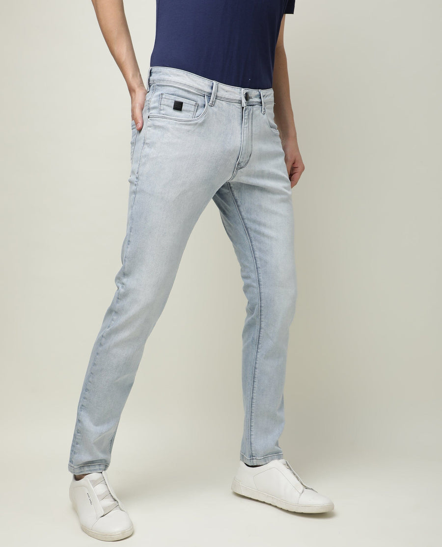 Rare Rabbit Men's Dallas Blue Cotton Plain Hawk Slim Fit Jeans