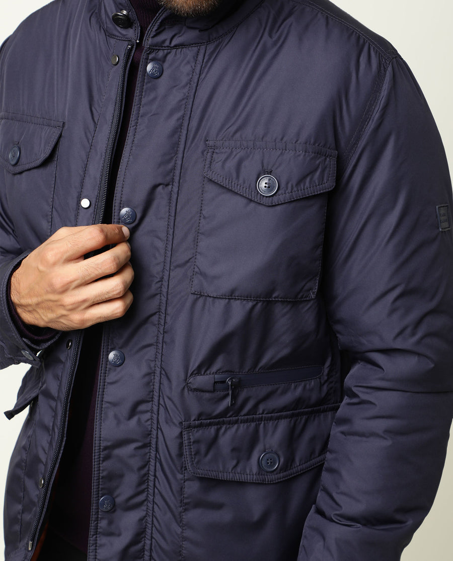 Rare Rabbit Men's Mass Navy Polyester Plain Relaxed Fit Full Sleeve Mandarin Collar Jacket