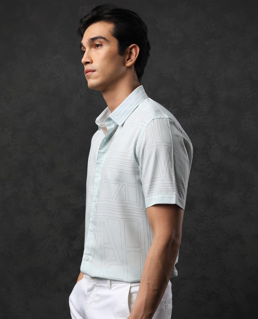 Rare Rabbit Men's Malfor Ss Pastel Turq Viscose Statement Print Regular Fit Half Sleeve Collared Shirt
