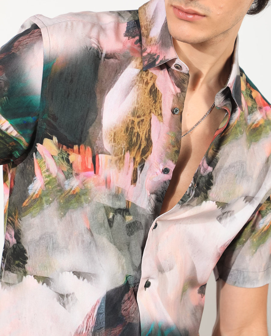 Rare Rabbit Men's Painter Green Viscose Abstract Print Regular Fit Half Sleeve Collared Shirt