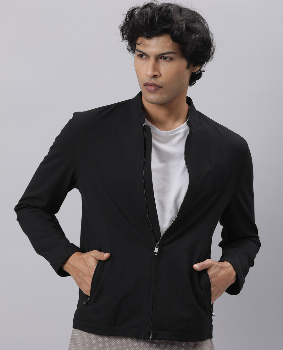 Rare Rabbit Men's Sign-2 Black Polyester Plain Slim Fit Full Sleeve High Neck Jacket