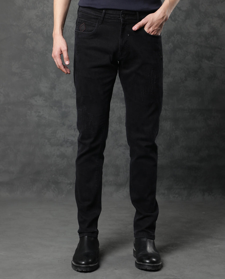 Rare Rabbit Men's Astra Black Cotton Plain Hawk Slim Fit Jeans