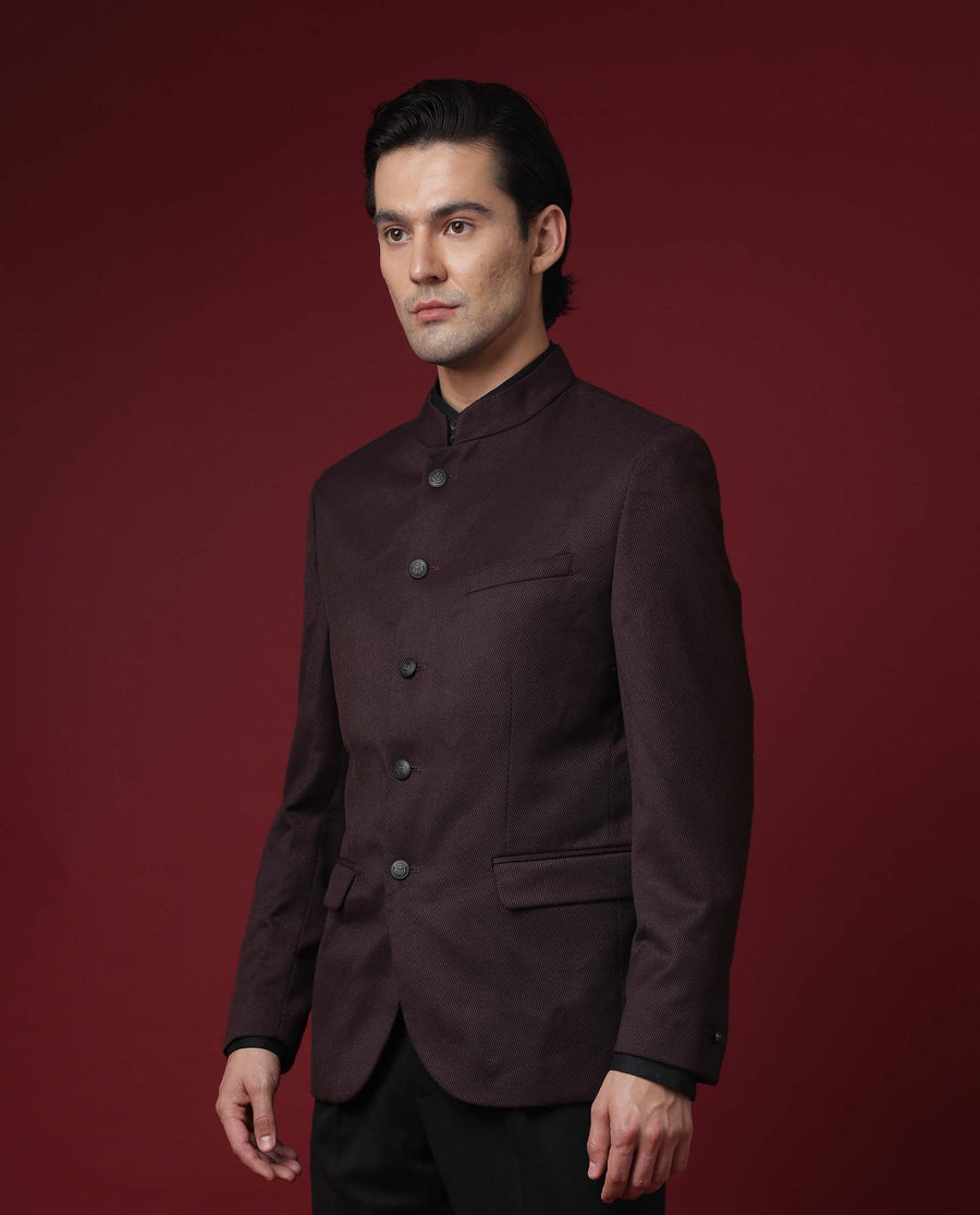 Rare Rabbit Men's Edit Band Maroon Polyester Plain Tailored Fit Full Sleeve Mandarin Collar Bandhgala Jodhpuri