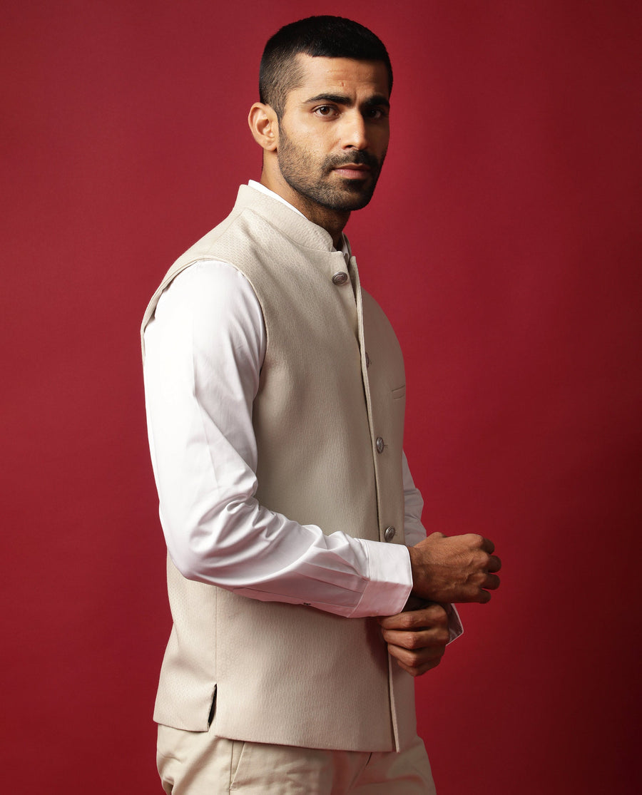 Rare Rabbit Men's Oakla Beige Polyester Jacquard Tailored Fit Sleeveless Mandarin Collar Bandhgala