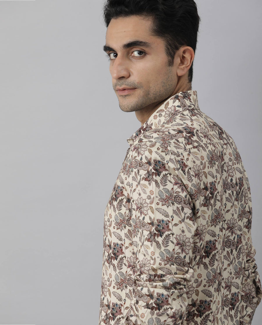 Rare Rabbit Men's Ravell Beige Viscose Floral Print Regular Fit Full Sleeve Collared Shirt