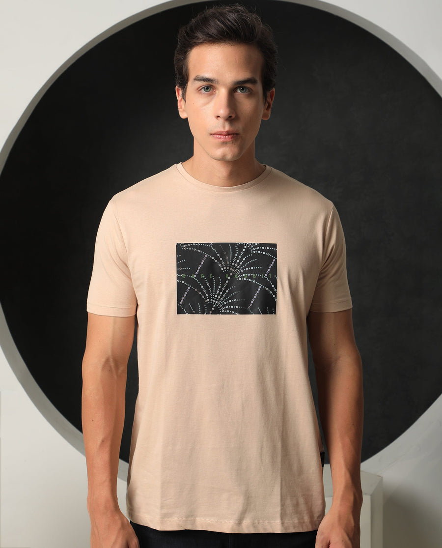 Rare Rabbit Men's Glam Beige Cotton Graphic Print Slim Fit Half Sleeve Crew Neck T-Shirt