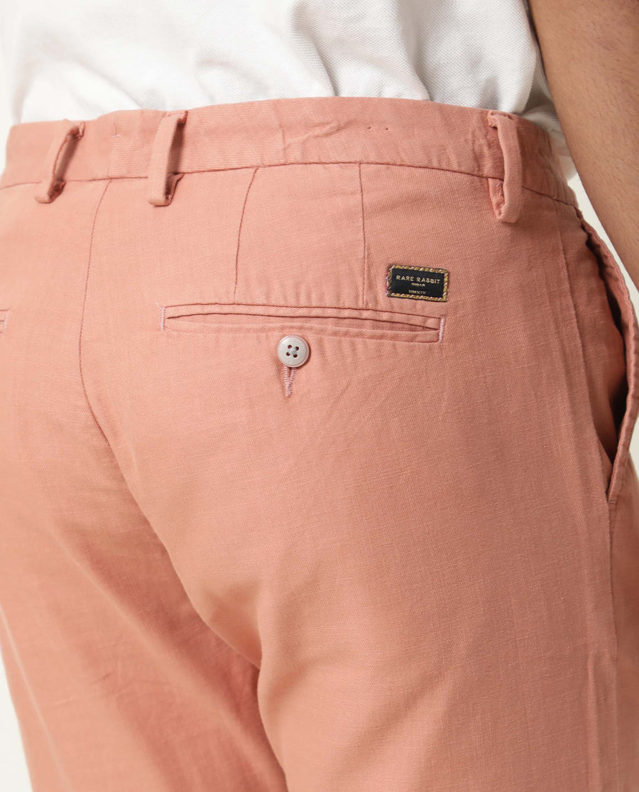 Rare Rabbit Men's Corn Pink Cotton Plain Regular Fit Trouser