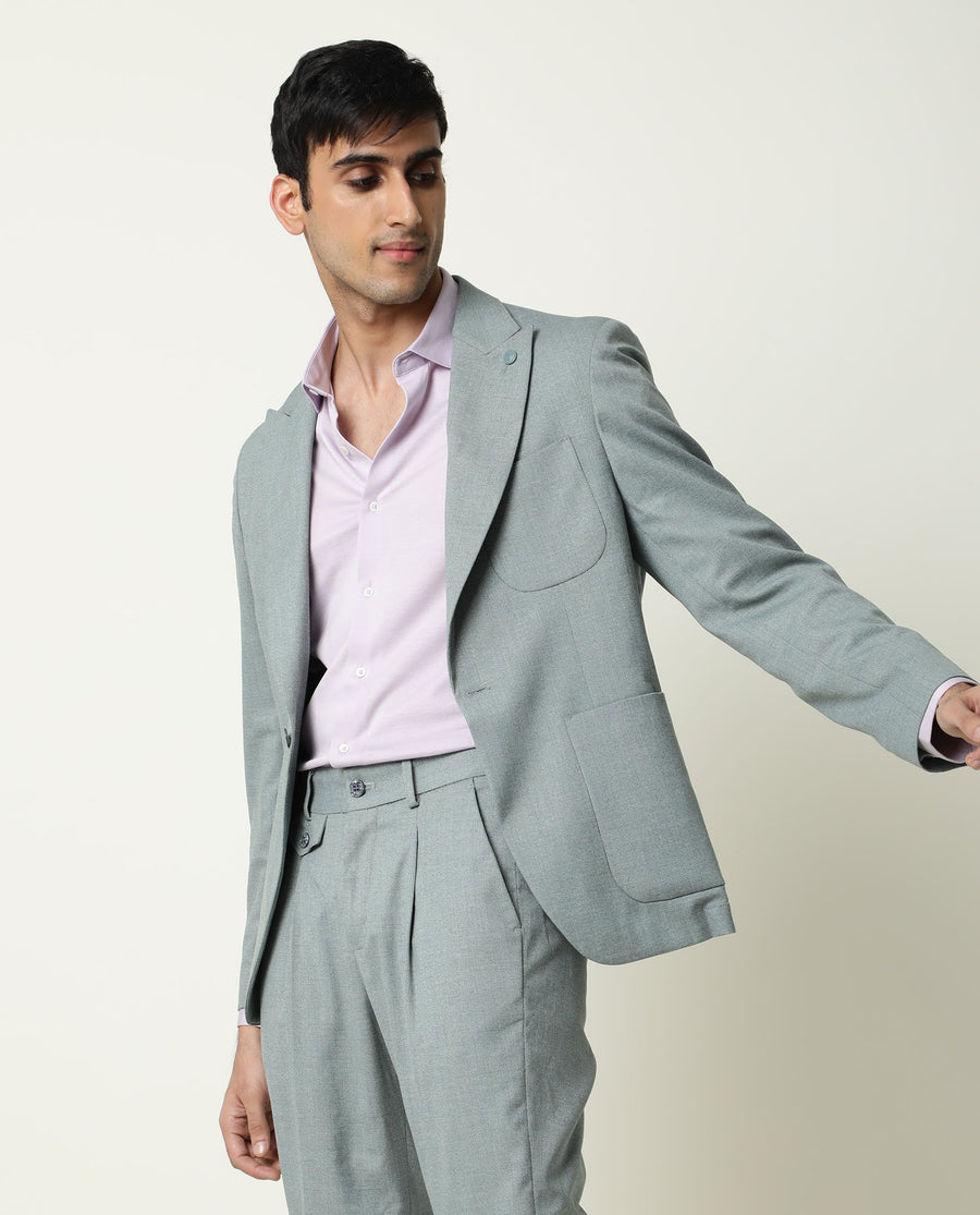 Rare Rabbit Men's Dexit Green Polyester Plain Tailored Fit Full Sleeve Lapel Neck Blazer