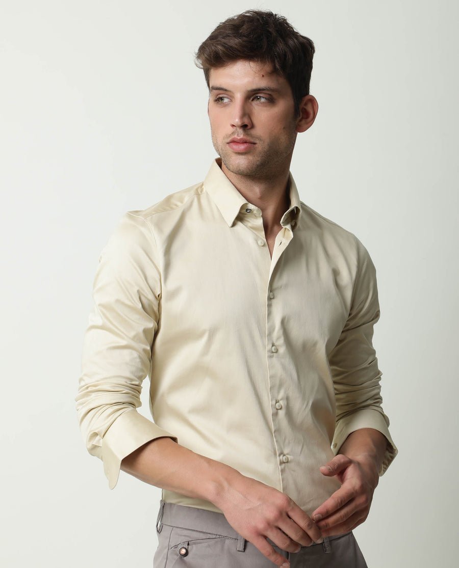 Rare Rabbit Men's Como Beige Satin Plain Regular Fit Full Sleeve Collared Shirt