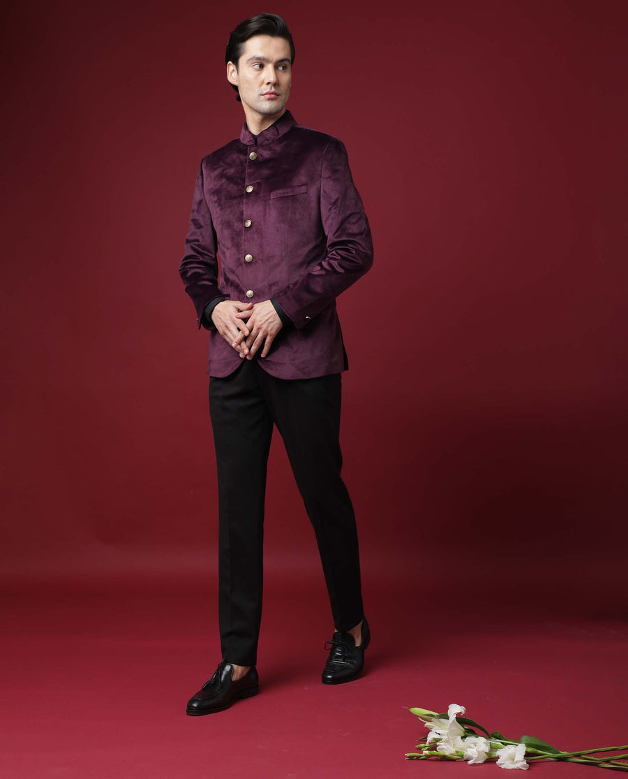 Rare Rabbit Men's Core Maroon Polyester Plain Tailored Fit Full Sleeve Mandarin Collar Bandhgala Jodhpuri