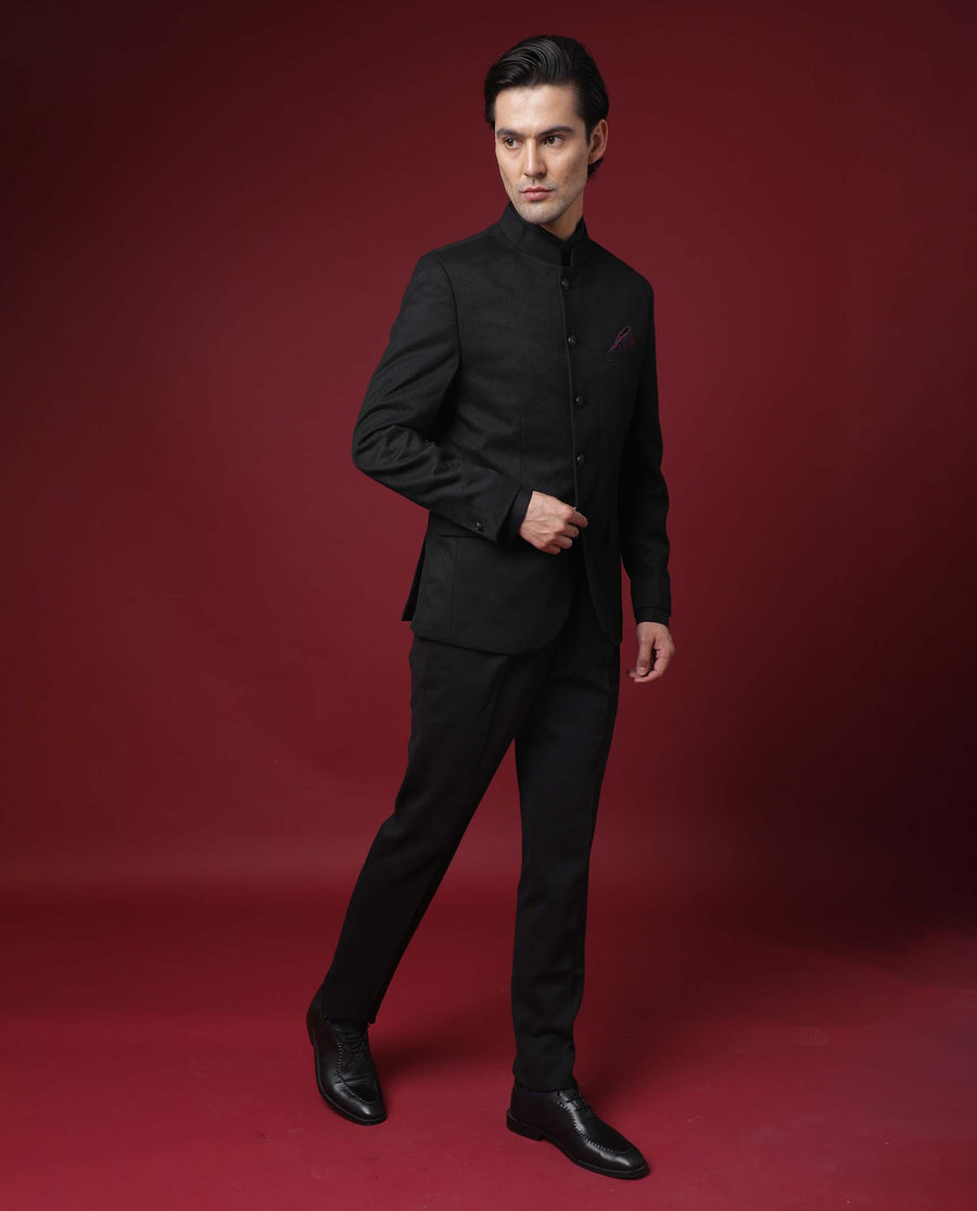 Rare Rabbit Men's Edit Band Black Polyester Plain Tailored Fit Full Sleeve Mandarin Collar Bandhgala Jodhpuri