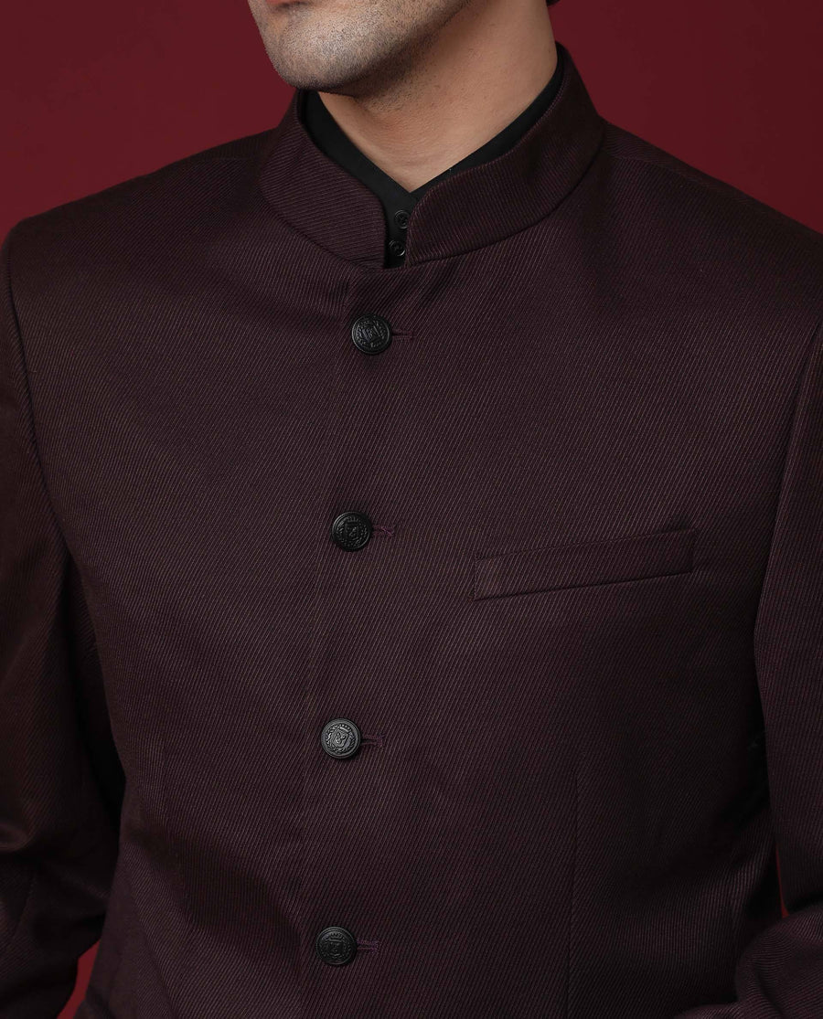 Rare Rabbit Men's Edit Band Maroon Polyester Plain Tailored Fit Full Sleeve Mandarin Collar Bandhgala Jodhpuri