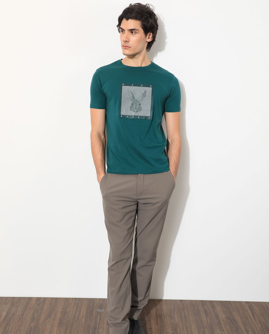 Rare Rabbit Men's Princeton Green Cotton Graphic Print Slim Fit Half Sleeve Crew Neck T-Shirt