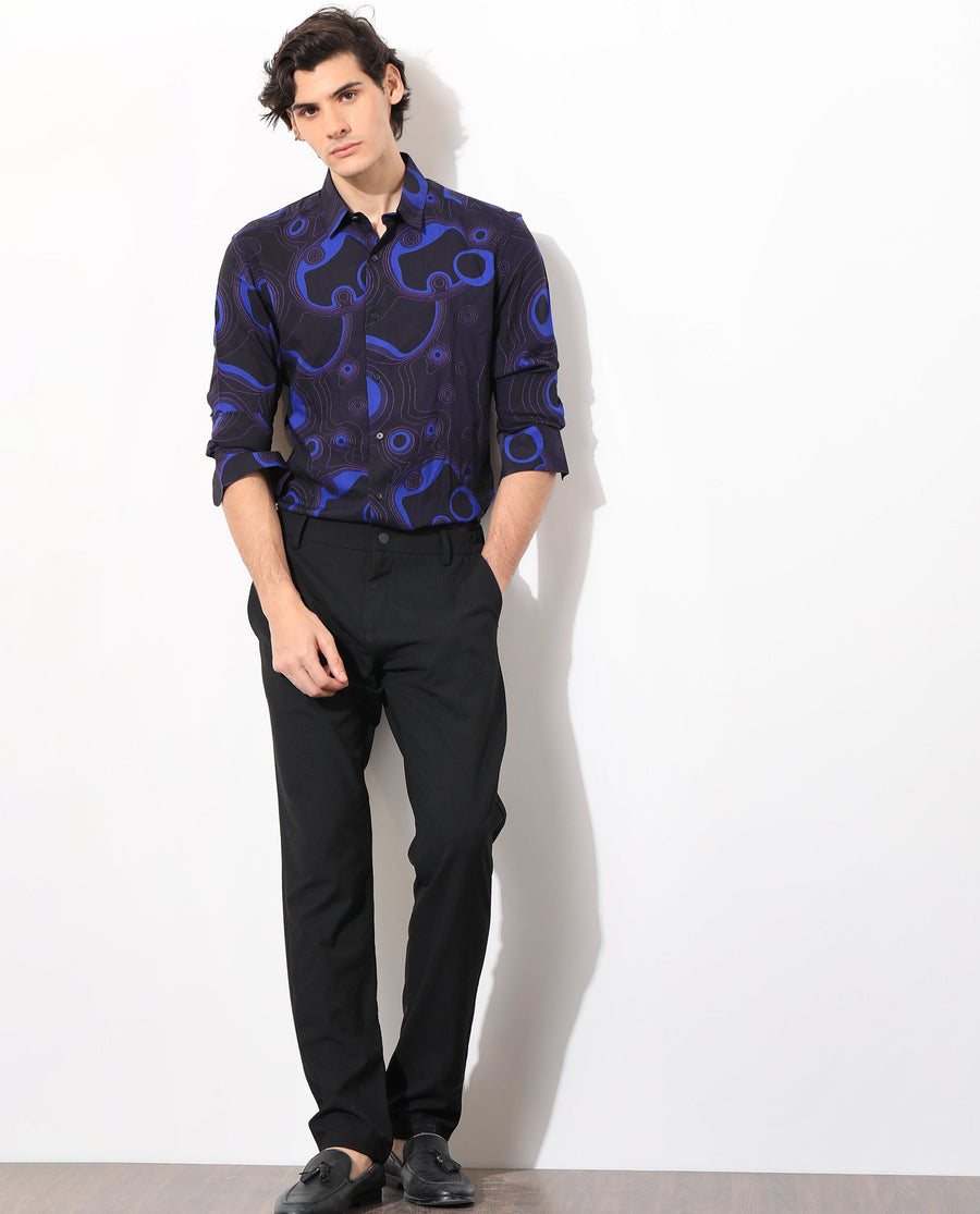 Rare Rabbit Men's Inlet Navy Cotton Abstract Print Regular Fit Full Sleeve Collared Shirt