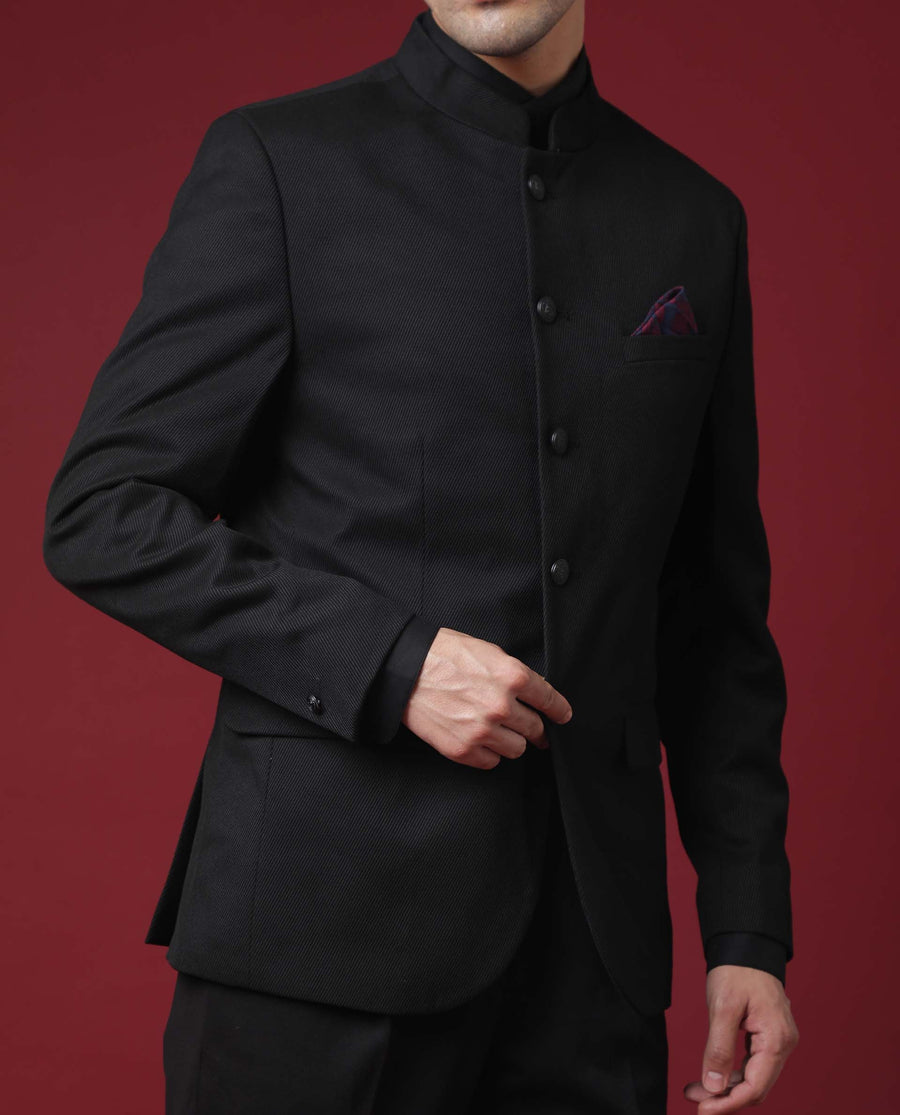 Rare Rabbit Men's Edit Band Black Polyester Plain Tailored Fit Full Sleeve Mandarin Collar Bandhgala Jodhpuri