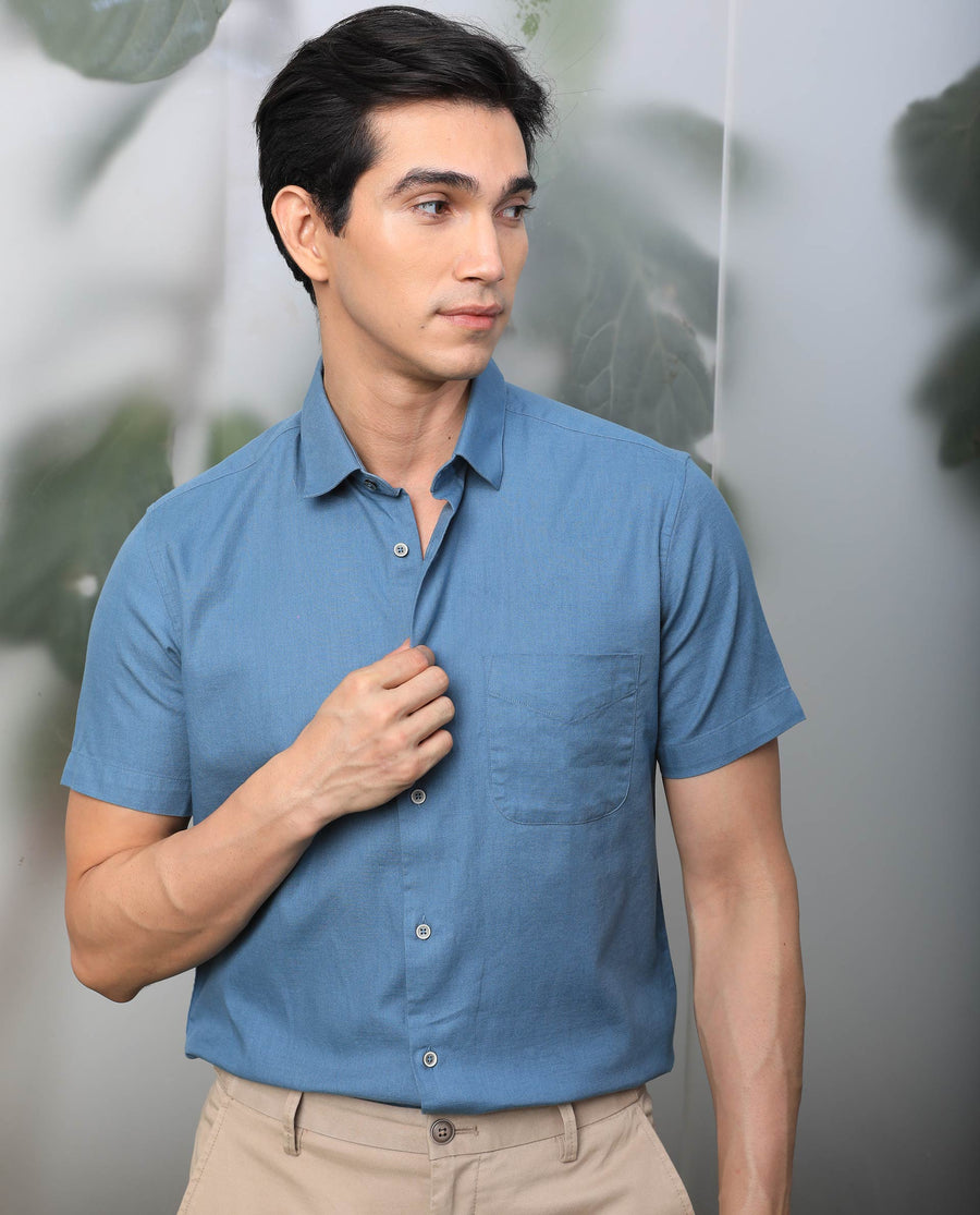 Rare Rabbit Men's Darwin - Blue Cotton Plain Regular Fit Half Sleeve Collared Shirt