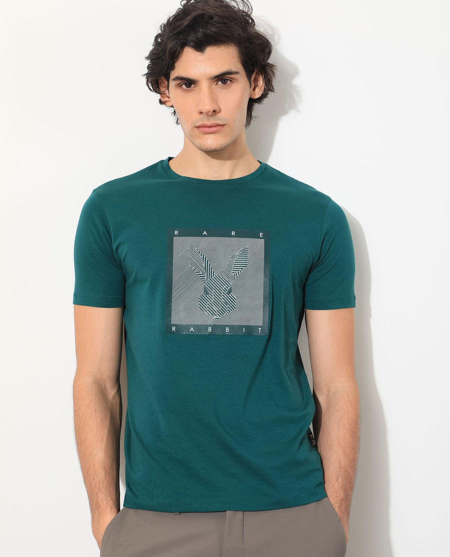 Rare Rabbit Men's Princeton Green Cotton Graphic Print Slim Fit Half Sleeve Crew Neck T-Shirt