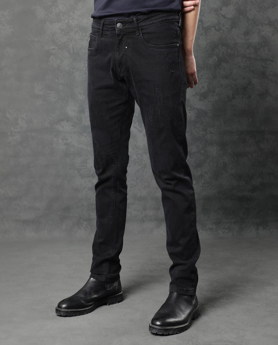 Rare Rabbit Men's Astra Black Cotton Plain Hawk Slim Fit Jeans