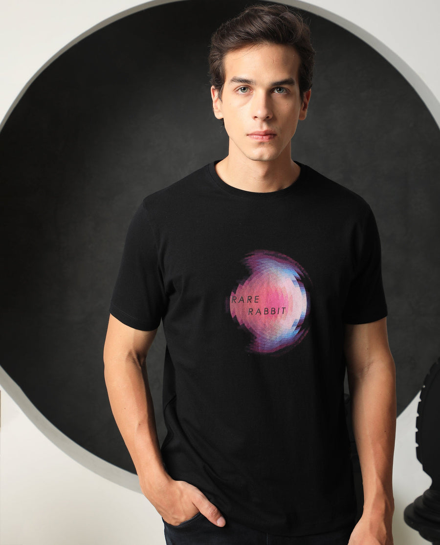 Rare Rabbit Men's Knobel Black Cotton Graphic Print Slim Fit Half Sleeve Crew Neck T-Shirt
