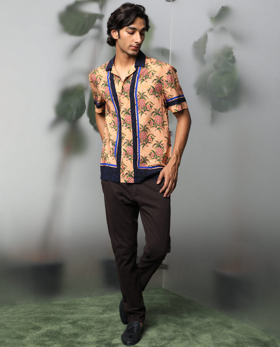 Rare Rabbit Men's Banes Beige Viscose Floral Print Regular Fit Half Sleeve Cuban Collar Shirt