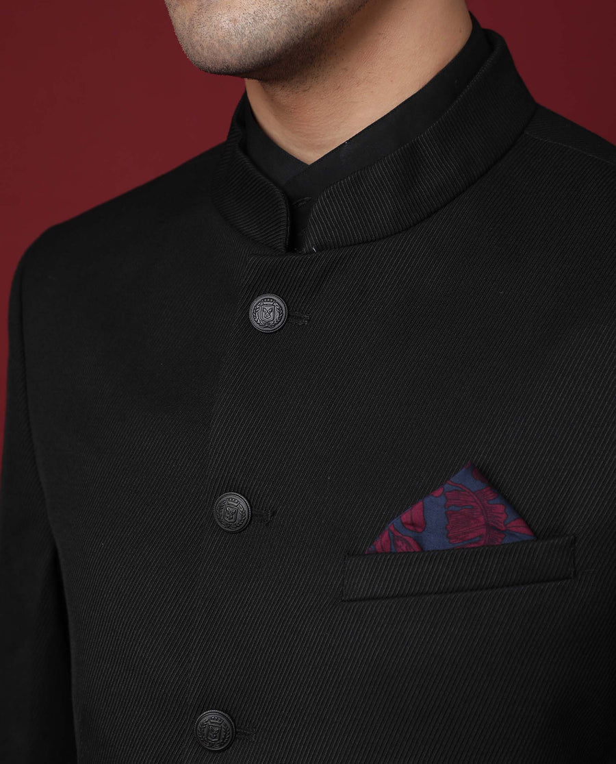Rare Rabbit Men's Edit Band Black Polyester Plain Tailored Fit Full Sleeve Mandarin Collar Bandhgala Jodhpuri