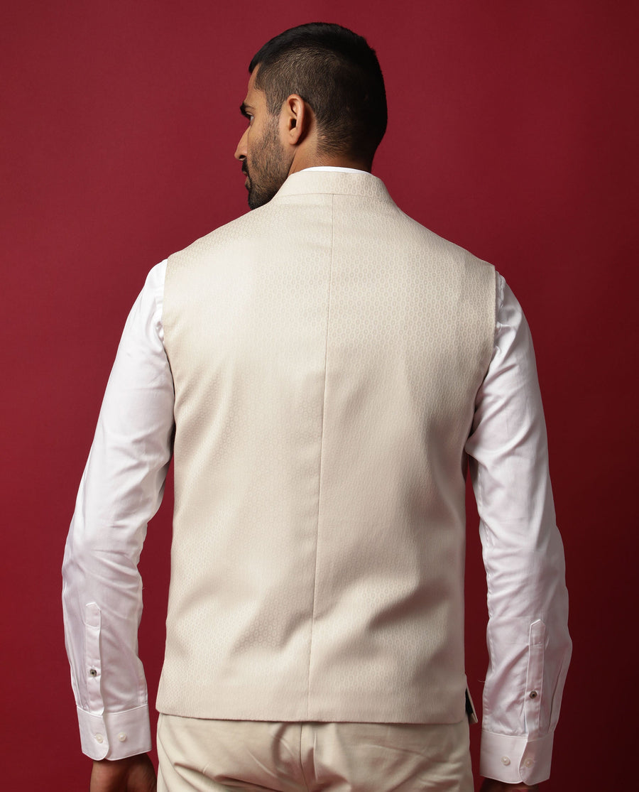Rare Rabbit Men's Oakla Beige Polyester Jacquard Tailored Fit Sleeveless Mandarin Collar Bandhgala
