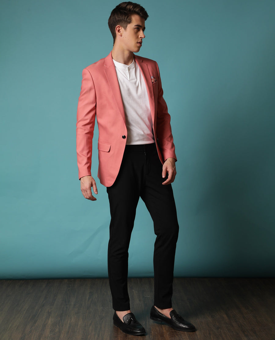 Rare Rabbit Men's Bart Pink Polyester Plain Tailored Fit Full Sleeve Lapel Neck Blazer