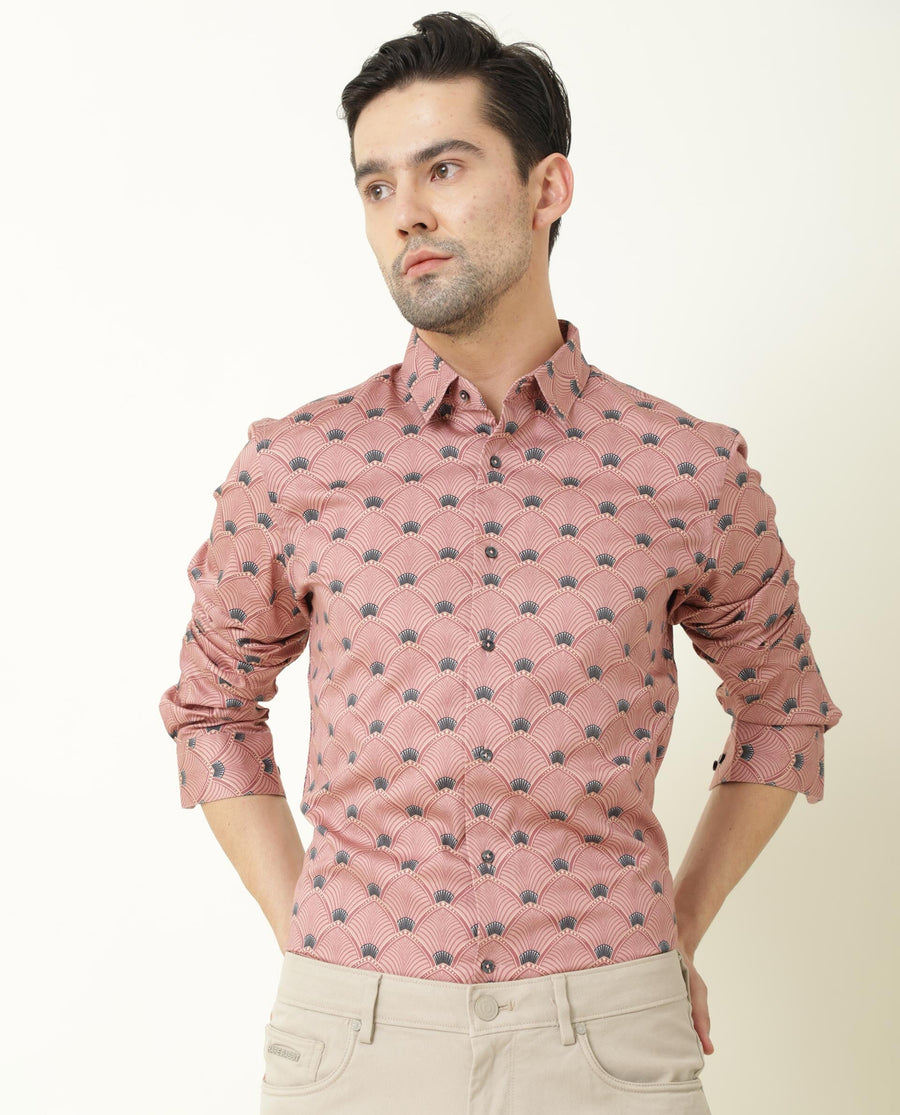 Rare Rabbit Men's Bowy Pink Cotton Geometric Print Regular Fit Full Sleeve Collared Shirt
