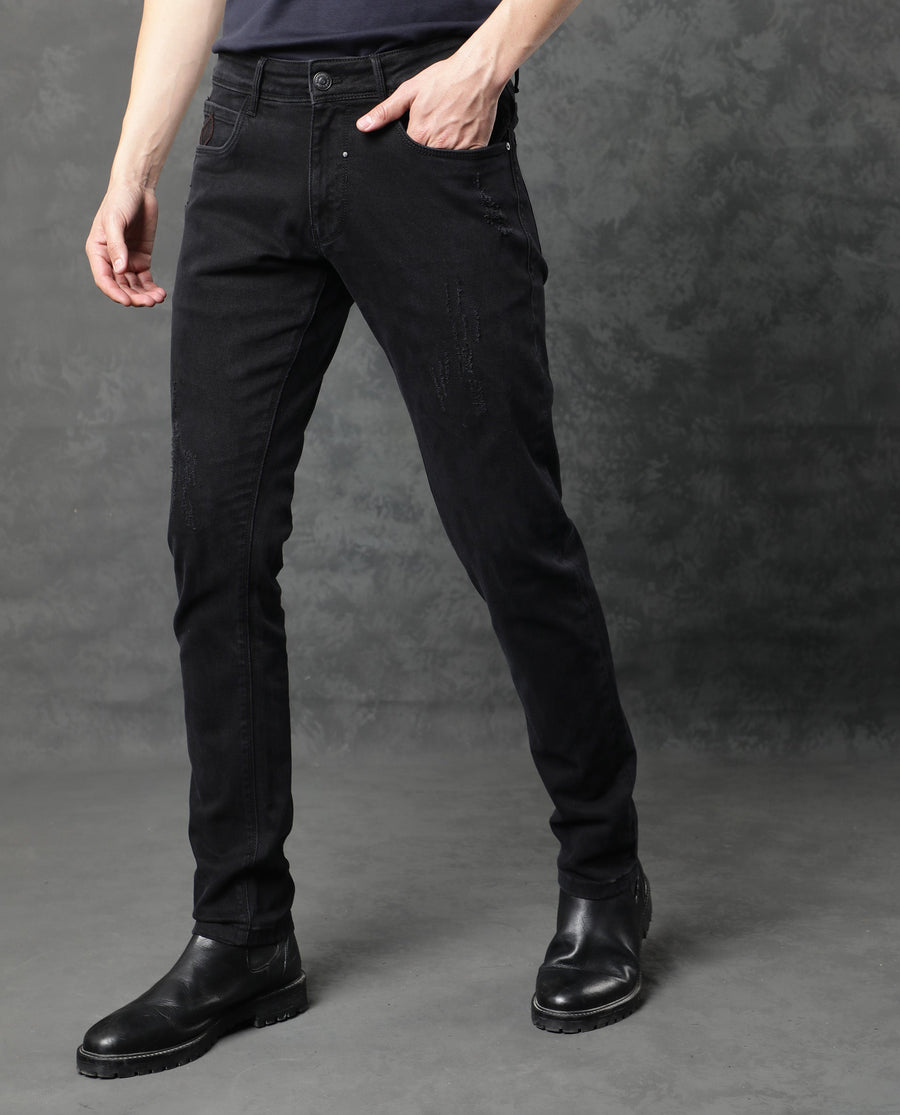 Rare Rabbit Men's Astra Black Cotton Plain Hawk Slim Fit Jeans