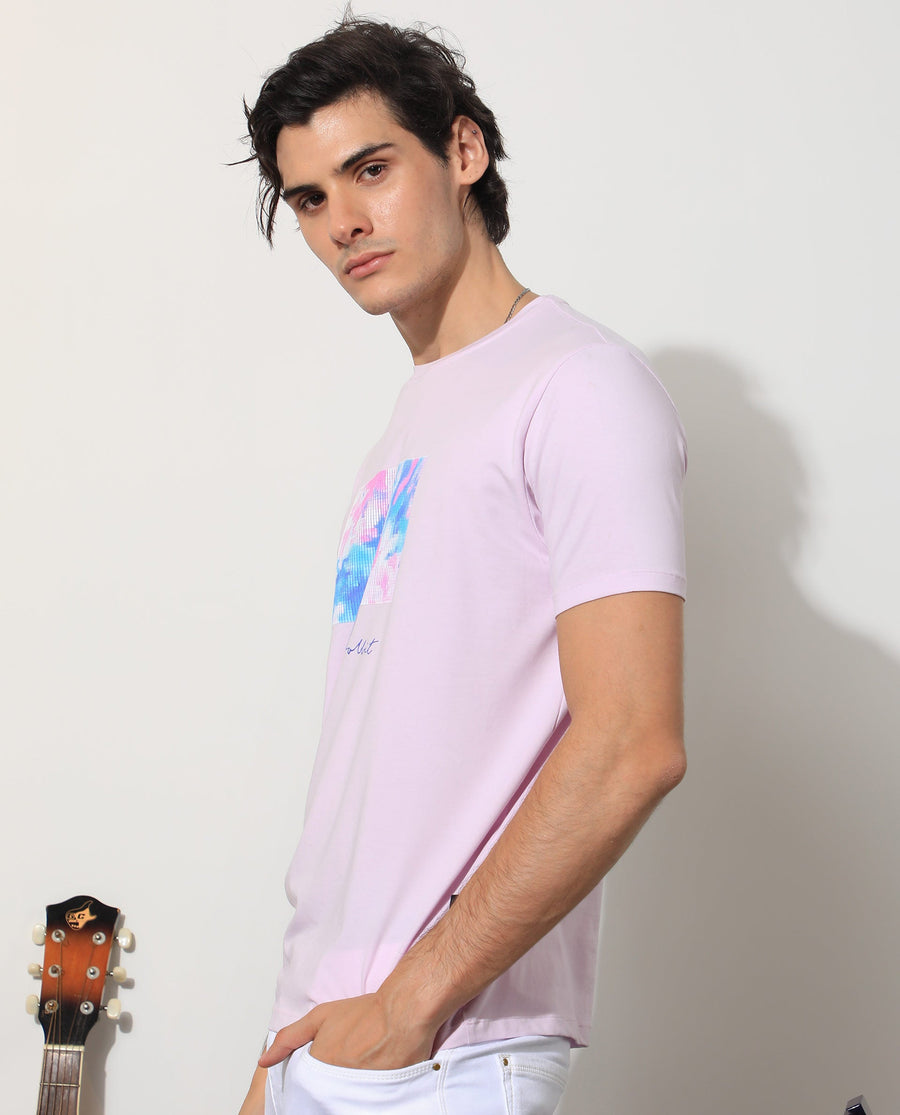 Rare Rabbit Men's Reed Pink Cotton Graphic Print Slim Fit Half Sleeve Crew Neck T-Shirt