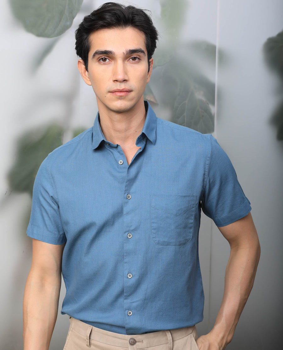 Rare Rabbit Men's Darwin - Blue Cotton Plain Regular Fit Half Sleeve Collared Shirt