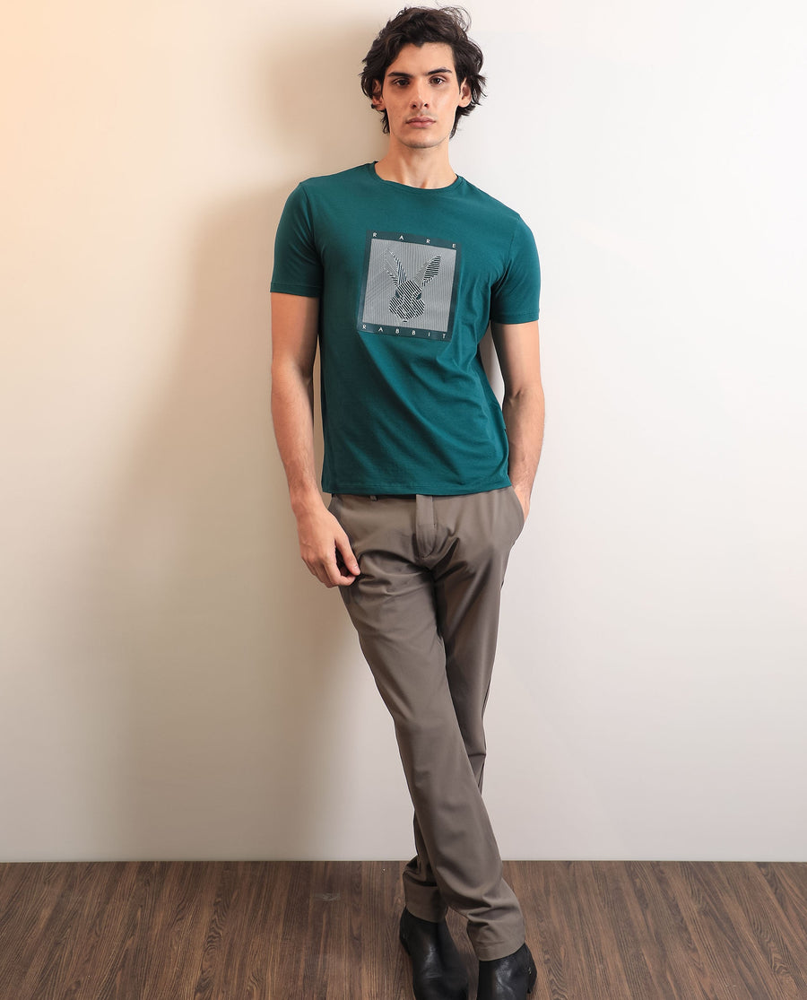 Rare Rabbit Men's Princeton Green Cotton Graphic Print Slim Fit Half Sleeve Crew Neck T-Shirt