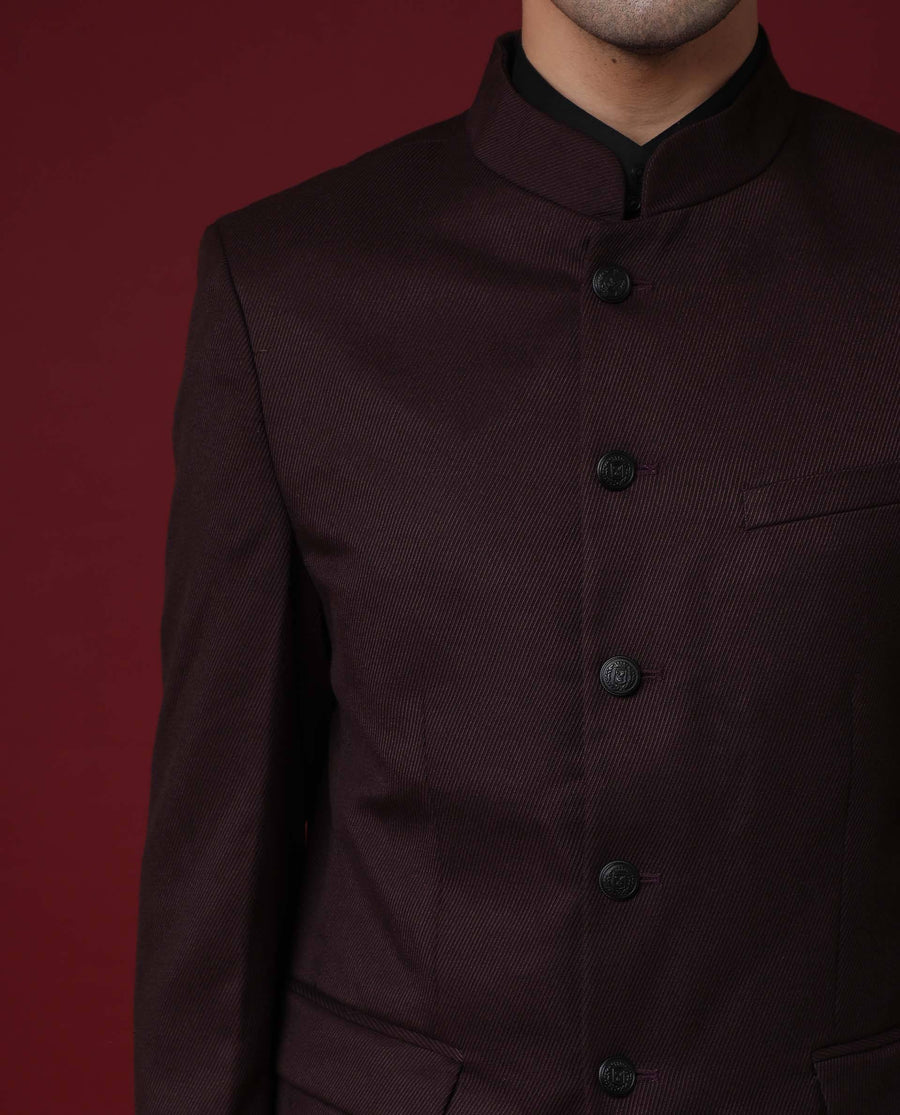 Rare Rabbit Men's Edit Band Maroon Polyester Plain Tailored Fit Full Sleeve Mandarin Collar Bandhgala Jodhpuri