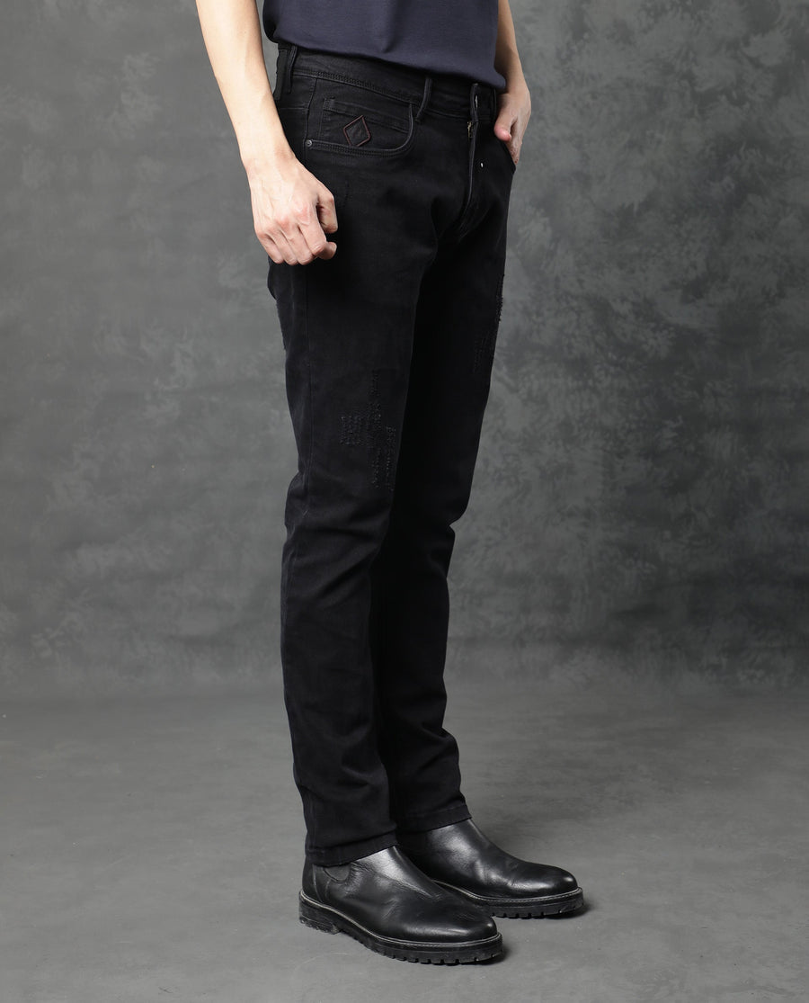 Rare Rabbit Men's Astra Black Cotton Plain Hawk Slim Fit Jeans