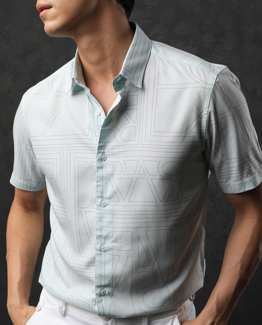 Rare Rabbit Men's Malfor Ss Pastel Turq Viscose Statement Print Regular Fit Half Sleeve Collared Shirt