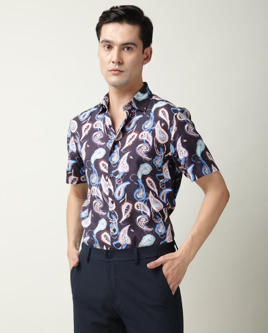 Rare Rabbit Men's Ivy Ss Navy Viscose Paisley Print Regular Fit Half Sleeve Collared Shirt