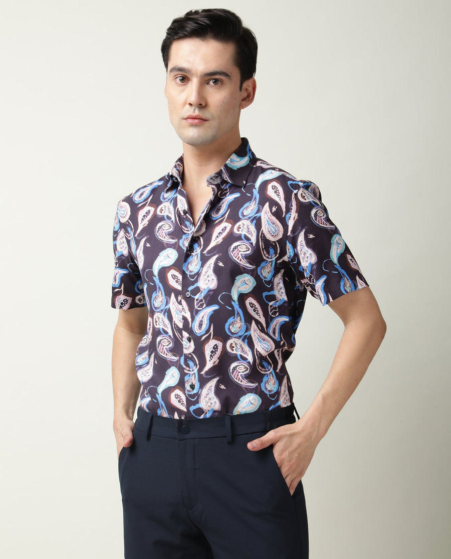 Rare Rabbit Men's Ivy Ss Navy Viscose Paisley Print Regular Fit Half Sleeve Collared Shirt