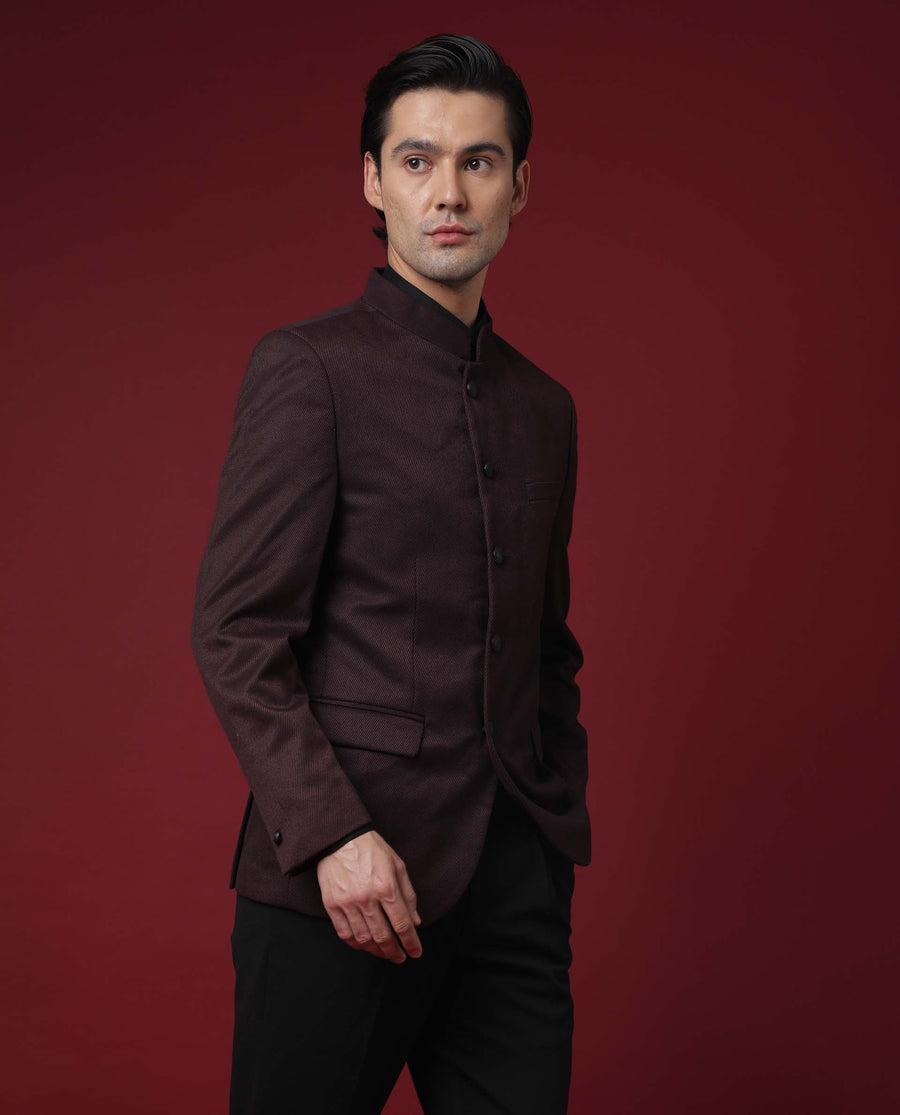 Rare Rabbit Men's Edit Band Maroon Polyester Plain Tailored Fit Full Sleeve Mandarin Collar Bandhgala Jodhpuri