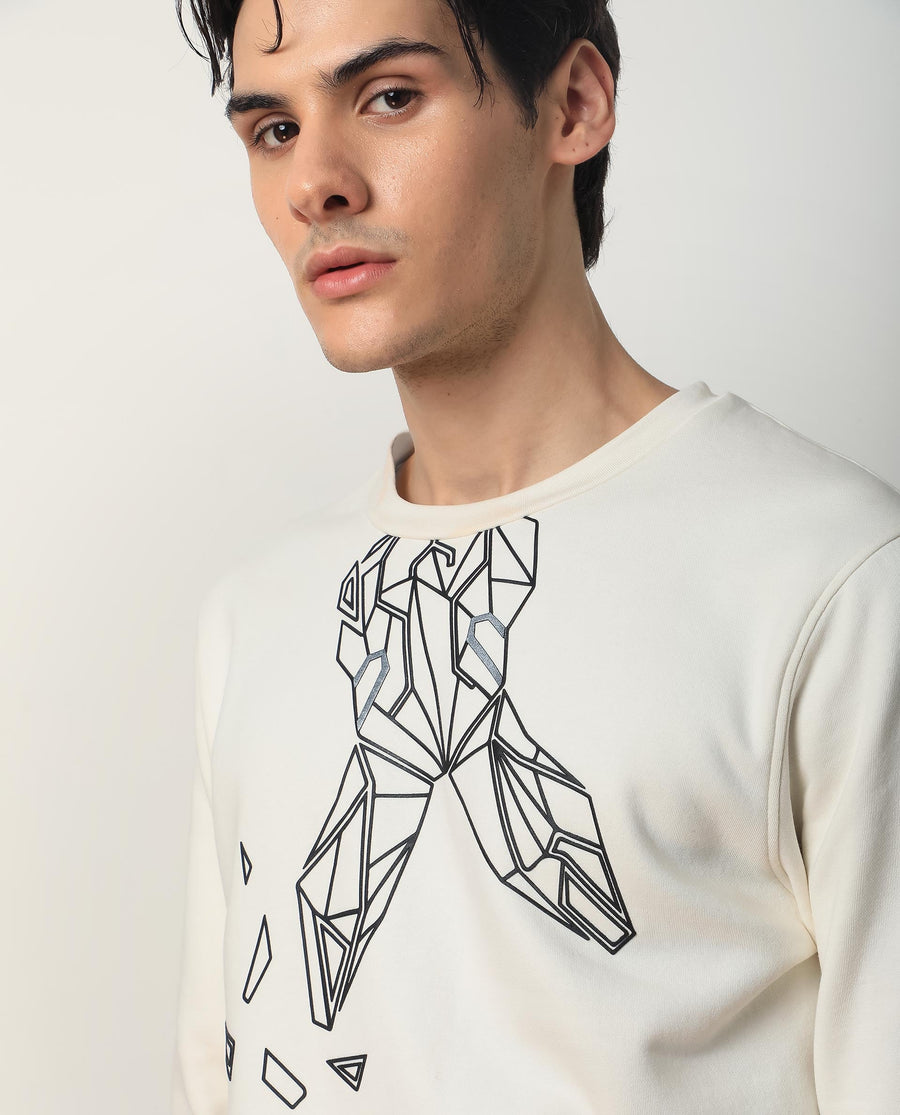 Rare Rabbit Men's Oakk White Graphic Print Regular Fit Full Sleeve Crew Neck Sweatshirt